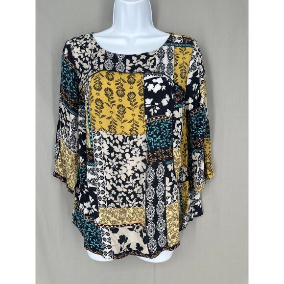 J Jill Top Womens LP Black Floral Patchwork Yellow Boho Cottage Flowy Bohemian - Picture 1 of 7
